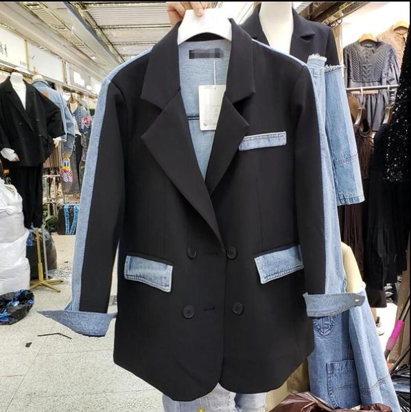 women's suits & blazers 2021 autumn long-sleeved denim splicing jacket large size trend ladies casual overcoat khaki blazer outwear, White;black
women's suits & blazers 2021 autumn long-sleeved denim splicing jacket large size trend ladies casual overcoat khaki blazer outwear, White;black