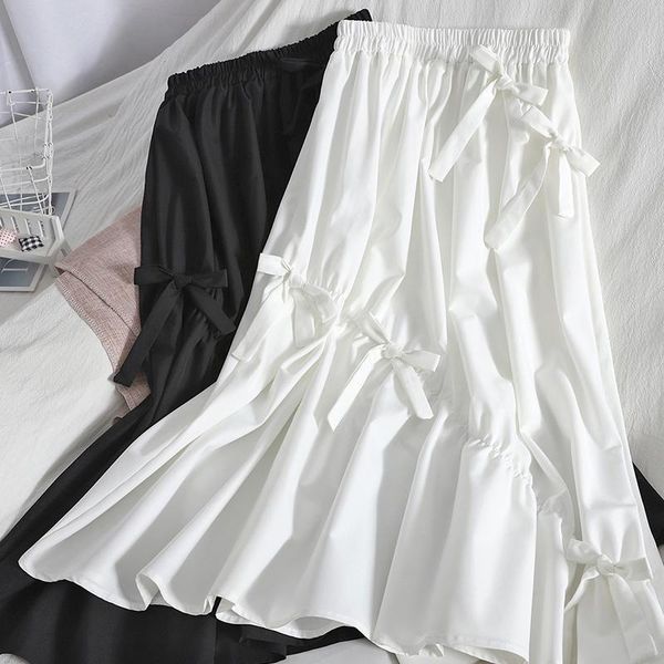 skirts summer sweet bowknots solid black/white a-line long pleated