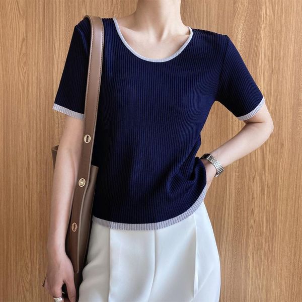 women's t-shirt 2021 women summer knitting t shirt o-neck short sleeve contrast color cropped casual slim for clothes, White
women's t-shirt 2021 women summer knitting t shirt o-neck short sleeve contrast color cropped casual slim for clothes, White