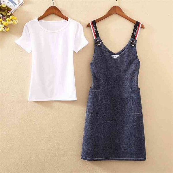 summer two pieces set women white t shirt +knee length strap letter print denim dress sets french vacation holiday 210530
summer two pieces set women white t shirt +knee length strap letter print denim dress sets french vacation holiday 210530