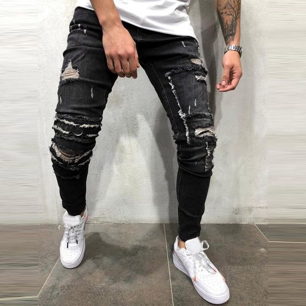 men's jeans tight-fitting slim hole stitching stretch denim zipper feet pencil pants 6.3, Black
men's jeans tight-fitting slim hole stitching stretch denim zipper feet pencil pants 6.3, Black