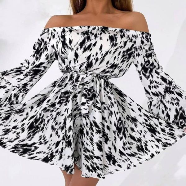 casual dresses women dress elegant flare sleeve printing off shoulder high waist ladies, Black;gray
casual dresses women dress elegant flare sleeve printing off shoulder high waist ladies, Black;gray