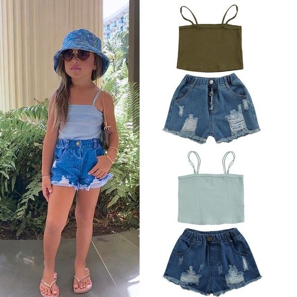 2-7y summer fashion girls clothes sets 2pcs solid strap sleeveless vest hole denim shorts 2 colors clothing, White
2-7y summer fashion girls clothes sets 2pcs solid strap sleeveless vest hole denim shorts 2 colors clothing, White
