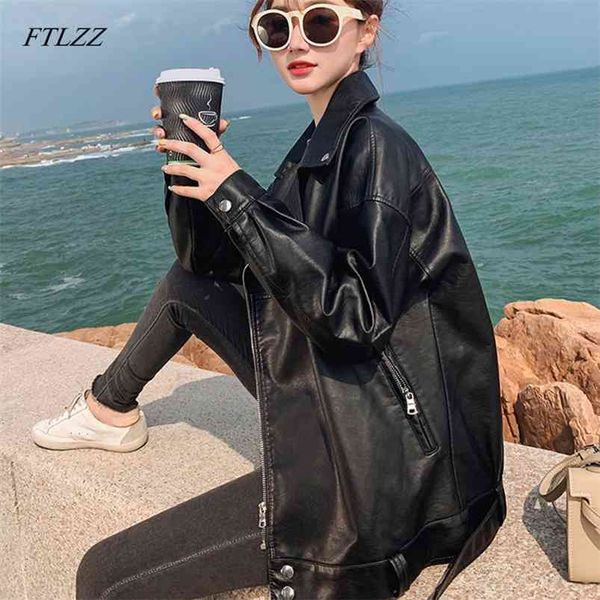 oversized coat women spring autumn loose biker motorcycle jackets bf style female punk streetwear faux leather jacket 210430, Black 
oversized coat women spring autumn loose biker motorcycle jackets bf style female punk streetwear faux leather jacket 210430, Black
