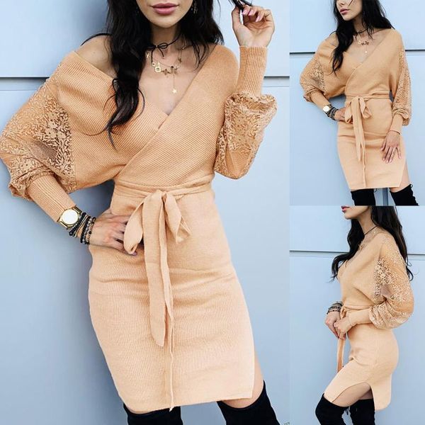 holiday party dress women casual solid elegant lace sleeve v-neck robe dresses elastic waist tie gown damen kleid, Black;gray
holiday party dress women casual solid elegant lace sleeve v-neck robe dresses elastic waist tie gown damen kleid, Black;gray