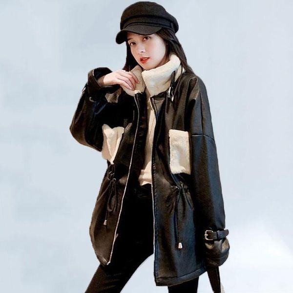 women's fur & faux plus velvet pu leather jacket cotton winter women mid-length korean loose waist thick stand-up collar coat, Black
women's fur & faux plus velvet pu leather jacket cotton winter women mid-length korean loose waist thick stand-up collar coat, Black
