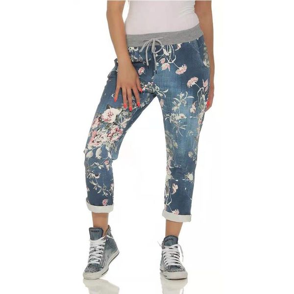 women's jeans women fashion floral printed patchwork sashed elastic waist cuffed straight tannins light grey pants, Blue 
women's jeans women fashion floral printed patchwork sashed elastic waist cuffed straight tannins light grey pants, Blue