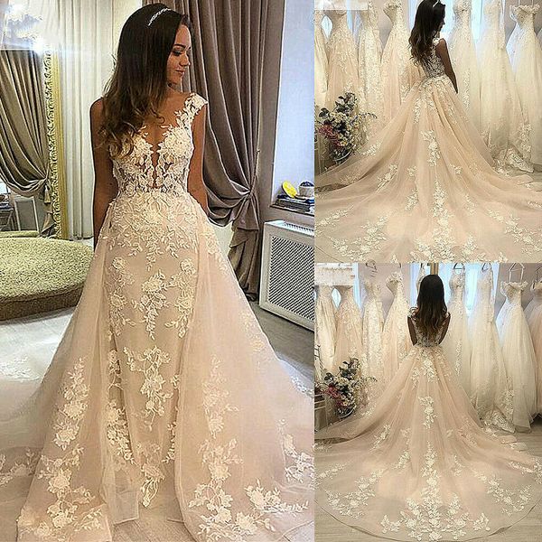 luxury lace wedding dresses sleeveless appliques detachable train bridal gown, White
luxury lace wedding dresses sleeveless appliques detachable train bridal gown, White