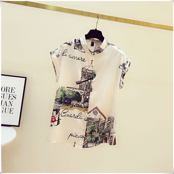 women's blouses & shirts summer short sleeve hand-painted chiffon woman straight loose baggy thin fashion letter building for, White
women's blouses & shirts summer short sleeve hand-painted chiffon woman straight loose baggy thin fashion letter building for, White
