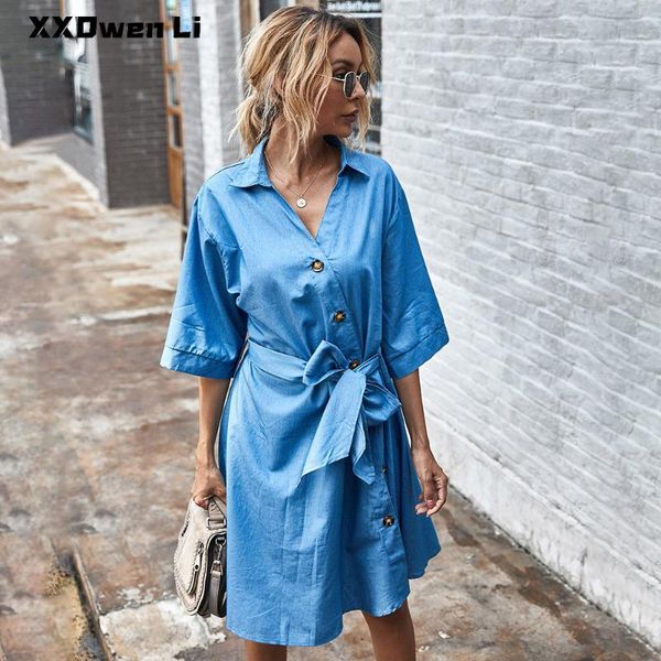 casual dresses summer woman buttons denim blue shirt women's belt half sleeve dress office lady clothing party, Black;gray
casual dresses summer woman buttons denim blue shirt women's belt half sleeve dress office lady clothing party, Black;gray