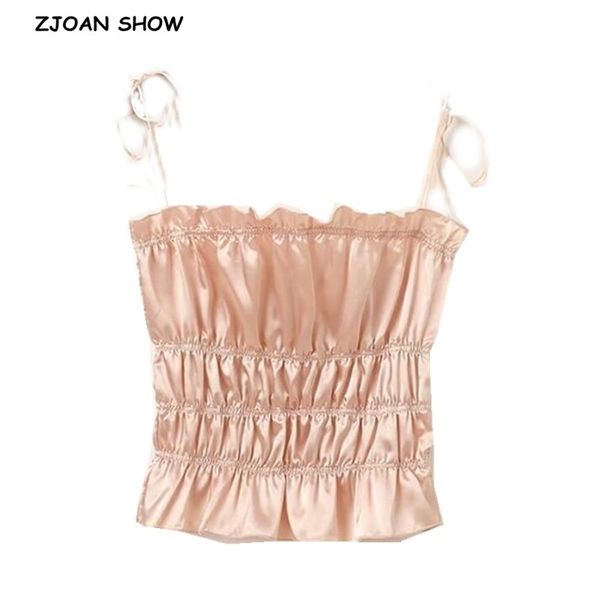 elastic ruched stain crop women summer camis lacing up bandage spaghetti strap ladies fold club tank 210326, White 
elastic ruched stain crop women summer camis lacing up bandage spaghetti strap ladies fold club tank 210326, White