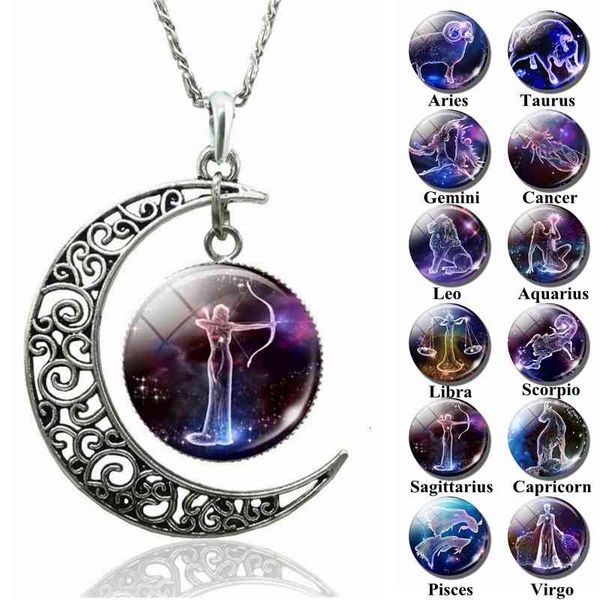 12 zodiac signs cabochon glass crescent moon pendant clavicle chain necklace birthday gifts for women, Silver
12 zodiac signs cabochon glass crescent moon pendant clavicle chain necklace birthday gifts for women, Silver