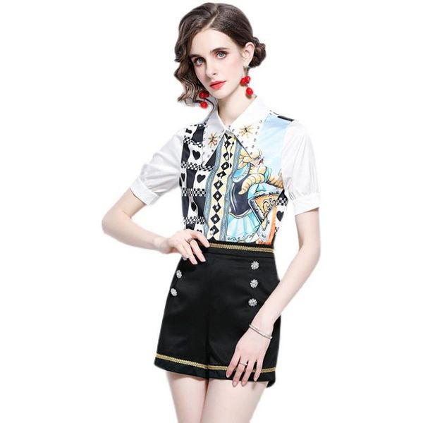 women's tracksuits 2021 summer tracksuit women 2 two piece set turn-down diamonds short sleeve print shirt + black shorts elegant fashi, Gray
women's tracksuits 2021 summer tracksuit women 2 two piece set turn-down diamonds short sleeve print shirt + black shorts elegant fashi, Gray