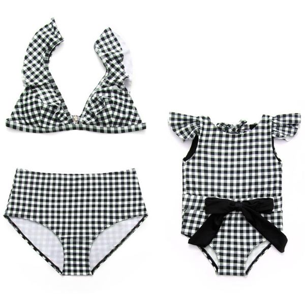 women's swimwear ruffle high waist women bikinis set baby girl bow one piece swimsuit plaid beachwear adult-child bathing suit, White;black
women's swimwear ruffle high waist women bikinis set baby girl bow one piece swimsuit plaid beachwear adult-child bathing suit, White;black