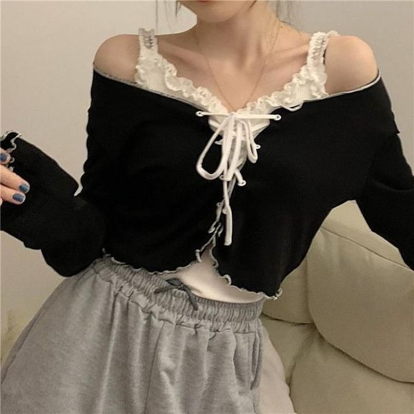 women's t-shirt women long sleeve t-shirts lace-up patchwork ruffles trendy sweet lovely crop females leisure chic all-match outwe, White
women's t-shirt women long sleeve t-shirts lace-up patchwork ruffles trendy sweet lovely crop females leisure chic all-match outwe, White
