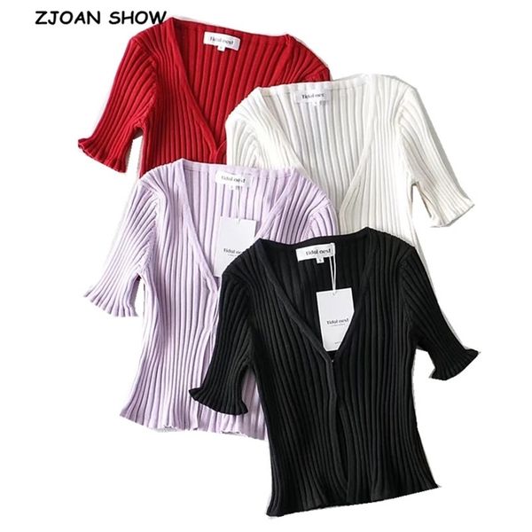 aa wood ears covered buttons v neck short sleeve sweater women knitted tight cardigan front slit slim cropped 210429, White;black
aa wood ears covered buttons v neck short sleeve sweater women knitted tight cardigan front slit slim cropped 210429, White;black