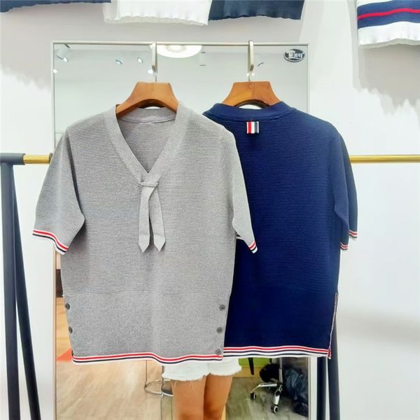21 summer new tb style color stripe short sleeve student bow tie fashion casual ice silk sweater women's wear, White
21 summer new tb style color stripe short sleeve student bow tie fashion casual ice silk sweater women's wear, White