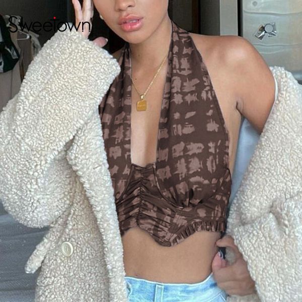 sweetown brown vintage print e girl tank y2k aesthetic slim rave outfit female backless ruched halter crop summer, Black;white
sweetown brown vintage print e girl tank y2k aesthetic slim rave outfit female backless ruched halter crop summer, Black;white