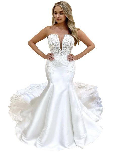2022 graceful satin lace wedding dress mermaid style plunging v-neck open back floral applique bridal dresses plus size women guest, White
2022 graceful satin lace wedding dress mermaid style plunging v-neck open back floral applique bridal dresses plus size women guest, White