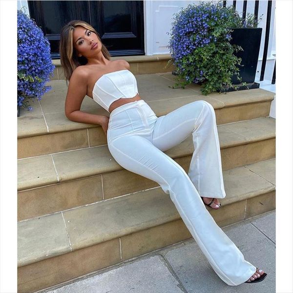 2 pcs solid color outfits womens tracksuits boned strapless crop high waist flared pants, Gray
2 pcs solid color outfits womens tracksuits boned strapless crop high waist flared pants, Gray
