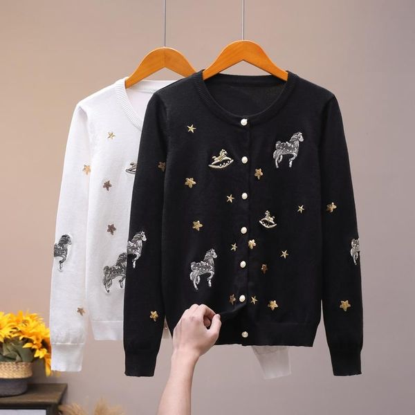 women's knits & tees designer knitted sweater for women vintage o neck embroidered horse cardigan, White
women's knits & tees designer knitted sweater for women vintage o neck embroidered horse cardigan, White