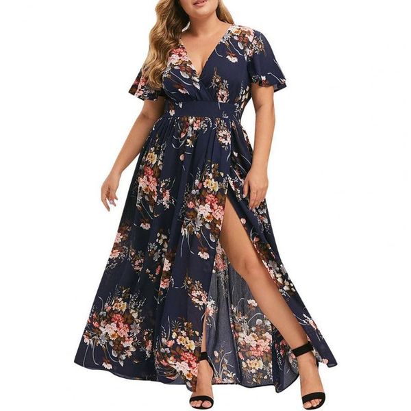 party dresses short sleeve flower print maxi dress for women high split waist tight plus size long beachwear ladies vestidos, White;black
party dresses short sleeve flower print maxi dress for women high split waist tight plus size long beachwear ladies vestidos, White;black