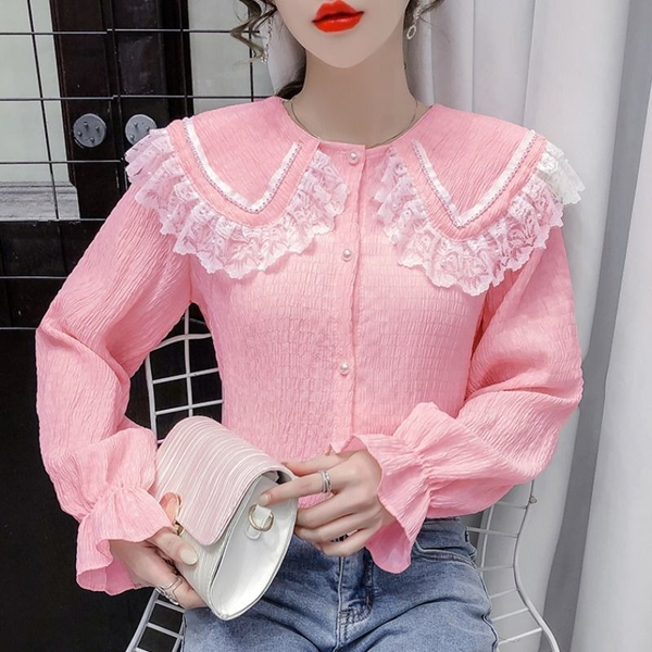 lace doll collar long sleeved shirt blouse womens spring and autumn design was thin solid color trumpet sleeve shirt blouse, White
lace doll collar long sleeved shirt blouse womens spring and autumn design was thin solid color trumpet sleeve shirt blouse, White