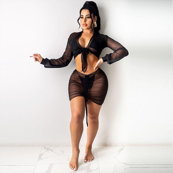 sheer mesh bandage bikini women tracksuits sets summer beachwear 2 piece set bow tie long sleeve crop ruched, Gray
sheer mesh bandage bikini women tracksuits sets summer beachwear 2 piece set bow tie long sleeve crop ruched, Gray