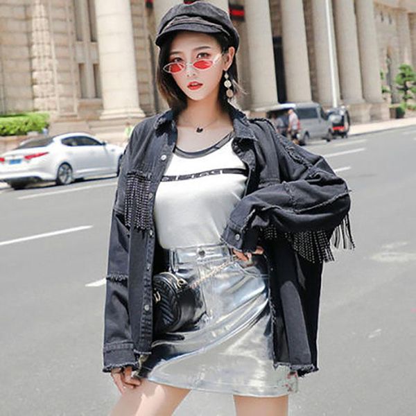 women's jackets hip hop streetwear 2021 spring women for korean loose tassel stitching burr denim jacket single-breasted casual jeans, Black;brown
women's jackets hip hop streetwear 2021 spring women for korean loose tassel stitching burr denim jacket single-breasted casual jeans, Black;brown