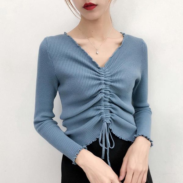 women's sweaters women v neck ruffles lace up knitted autumn ribbed long sleeve solid navel bare knitwear jumper, White;black
women's sweaters women v neck ruffles lace up knitted autumn ribbed long sleeve solid navel bare knitwear jumper, White;black