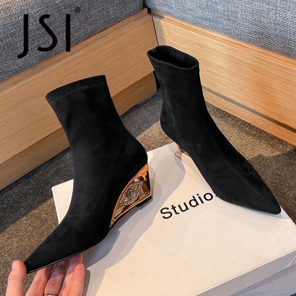 boots jsi western style ankle woman elastic fabric sock boot tube high wedge crystal hollow out heel slim shoe jo733, Black
boots jsi western style ankle woman elastic fabric sock boot tube high wedge crystal hollow out heel slim shoe jo733, Black