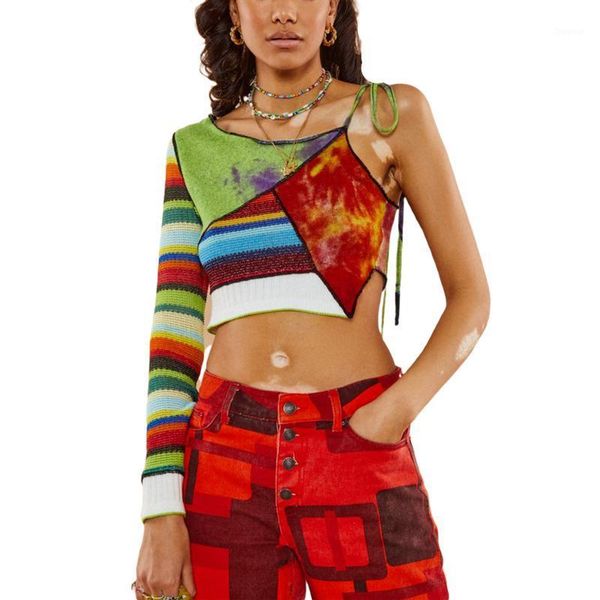 women's t-shirt summer ladies midriff-baring girls creative color block stitching u-neck one-shoulder base shirt slim knitted, White
women's t-shirt summer ladies midriff-baring girls creative color block stitching u-neck one-shoulder base shirt slim knitted, White
