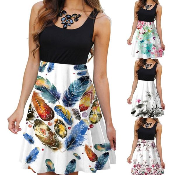 casual dresses women digital print stitching dress summer sleeveless o neck loose vintage knee length party robe femme #t1q, Black;gray 
casual dresses women digital print stitching dress summer sleeveless o neck loose vintage knee length party robe femme #t1q, Black;gray