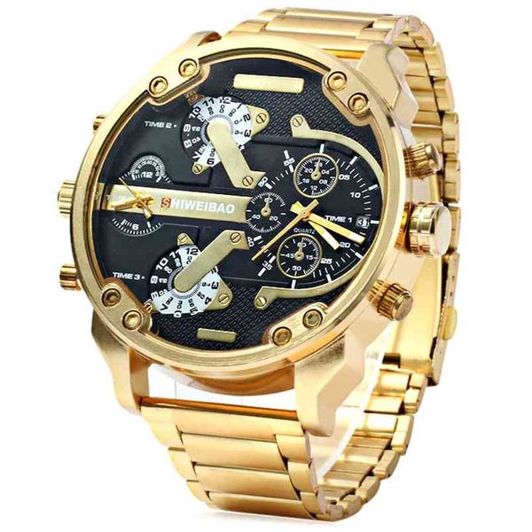 big watch men luxury golden steel watchband men's quartz watches dual time zone military relogio masculino casual clock man 210804, Slivery;brown
big watch men luxury golden steel watchband men's quartz watches dual time zone military relogio masculino casual clock man 210804, Slivery;brown