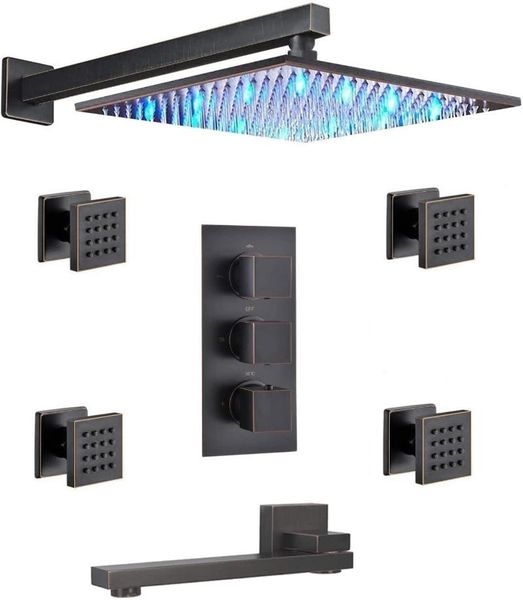thermostatic led shower systems with wall mount 12 inch oil rubbed bronze rainfall showerhead 4 pcs body jets and spout tub set bathroom set
thermostatic led shower systems with wall mount 12 inch oil rubbed bronze rainfall showerhead 4 pcs body jets and spout tub set bathroom set