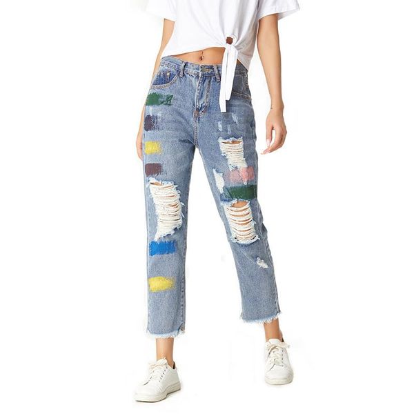 women's jeans stitching ripped holes european and american denim trousers straight-leg pants, Blue
women's jeans stitching ripped holes european and american denim trousers straight-leg pants, Blue