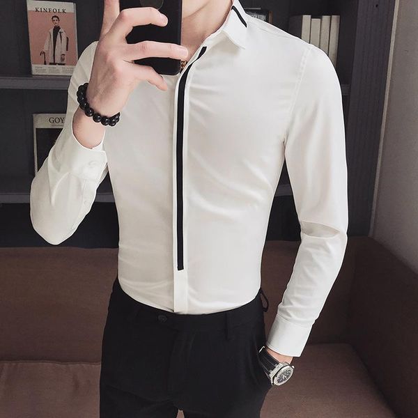 men's casual shirts men shirt long sleeve slim fit patchwork mens dress formal designs camisa social masculina business, White;black