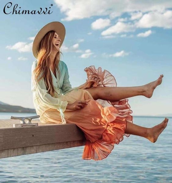 casual dresses women's fairy sweet elegant v-neck long sleeves gradient rainbow fishtail dress ruffled all-matching slimming a-line, Black;gray 
casual dresses women's fairy sweet elegant v-neck long sleeves gradient rainbow fishtail dress ruffled all-matching slimming a-line, Black;gray