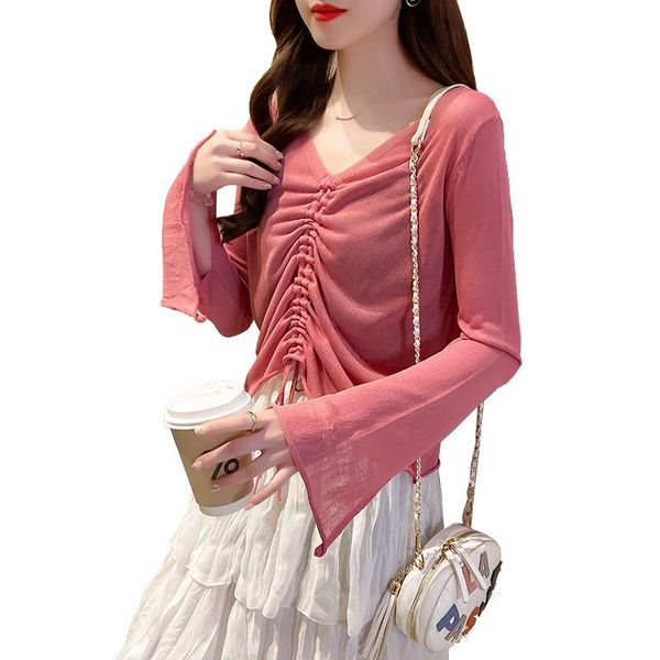 women's t-shirt ice silk knitted tshirt women 2021 summer ruched drawstring long sleeve basic ladies sheer sun protection clothing, White
women's t-shirt ice silk knitted tshirt women 2021 summer ruched drawstring long sleeve basic ladies sheer sun protection clothing, White
