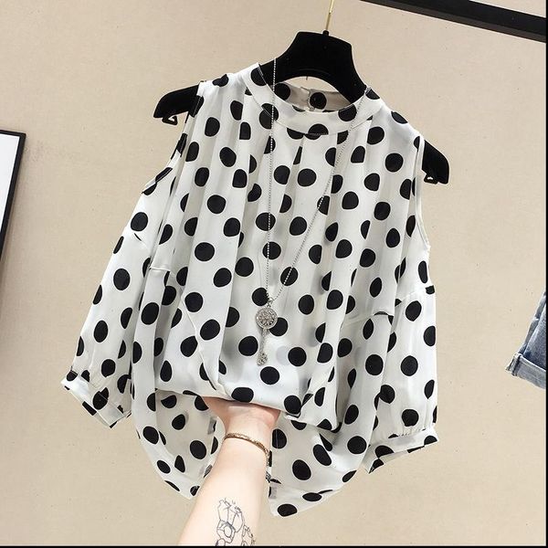 women shirt blouse large size summer short sleeved all match polka dot off shoulder chiffon elegant female, White
women shirt blouse large size summer short sleeved all match polka dot off shoulder chiffon elegant female, White