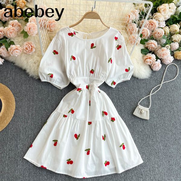 women hollow backless dress french sweet puff sleeve o neck a-line es summer streetwear embroidery short 210512, Black;gray
women hollow backless dress french sweet puff sleeve o neck a-line es summer streetwear embroidery short 210512, Black;gray