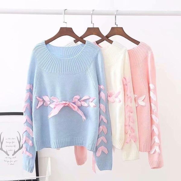 women's sweaters autumn and winter style japanese handmade tie bow sweater women round neck pullover slim sweet knitted, White;black
women's sweaters autumn and winter style japanese handmade tie bow sweater women round neck pullover slim sweet knitted, White;black