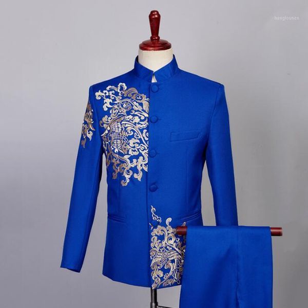 men's suits & blazers singer dance stage clothing for men groom suit set with pants embroidery standing collar chinese tunic mens forma, White;black
men's suits & blazers singer dance stage clothing for men groom suit set with pants embroidery standing collar chinese tunic mens forma, White;black