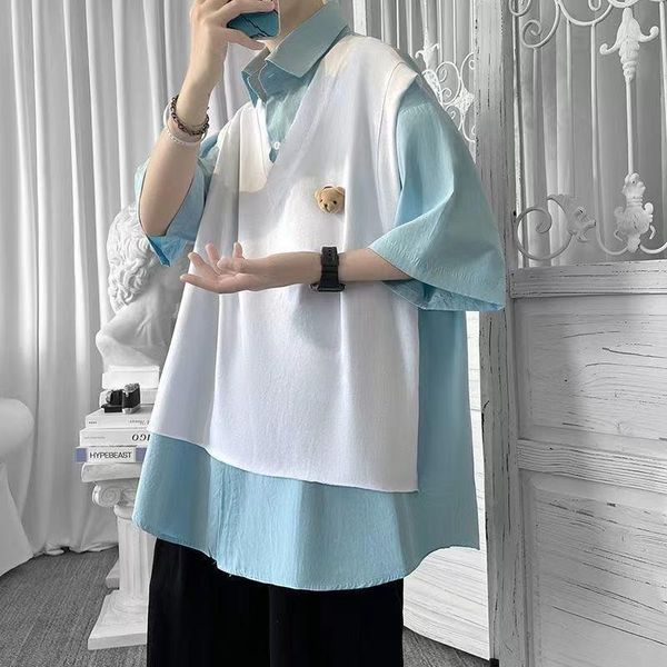 men's casual shirts korea style fake two-piece shirt short sleeve summer fashion splicing bear design half student loose, White;black
men's casual shirts korea style fake two-piece shirt short sleeve summer fashion splicing bear design half student loose, White;black