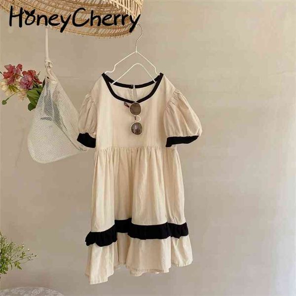 summer girls dress patchwork cotton long short sleeve clothes 210702, Red;yellow