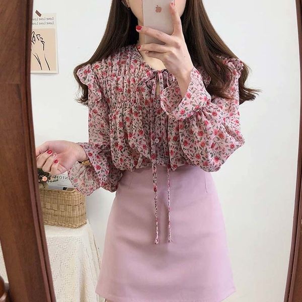 dress kawaii black pink floral shirt chiffon blouse bow-tied women's shirts long with bow-down chic spring, Black;gray
dress kawaii black pink floral shirt chiffon blouse bow-tied women's shirts long with bow-down chic spring, Black;gray