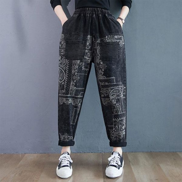 women's jeans autumn winter arts style women elastic waist loose vintage print double pocket cotton denim harem pants big size, Blue
women's jeans autumn winter arts style women elastic waist loose vintage print double pocket cotton denim harem pants big size, Blue