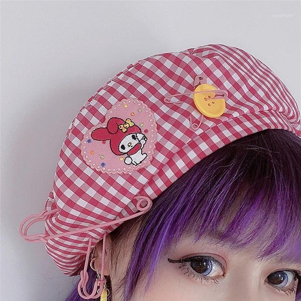 kawaii lady cartoon plaid beret pin hat female berets, Blue;gray