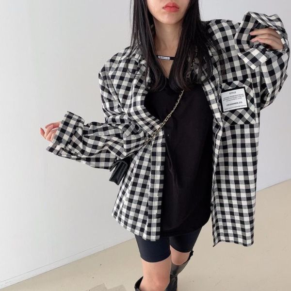 women's jackets spring and autumn loose paste cloth buckle after split black white check long sleeve shirt cotton linen jacket, Black;brown
women's jackets spring and autumn loose paste cloth buckle after split black white check long sleeve shirt cotton linen jacket, Black;brown
