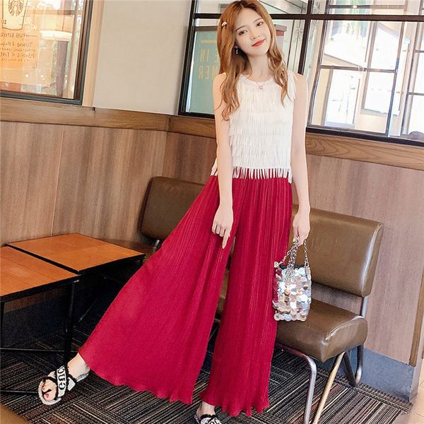two piece dress fashion summer set for women tassel chiffon camisole pleated wide-leg pants two-piece casual loose suit f795 5zyf, White 
two piece dress fashion summer set for women tassel chiffon camisole pleated wide-leg pants two-piece casual loose suit f795 5zyf, White